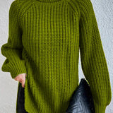 Turtleneck sweater for women with raglan sleeves and split hem