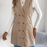 Women's Long Solid Colour Corduroy Gilet Jacket – Casual Double-Breasted Design with Pockets, Ideal for Layered Looks