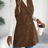 Women's Long Solid Colour Corduroy Gilet Jacket – Casual Double-Breasted Design with Pockets, Ideal for Layered Looks