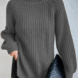 Turtleneck sweater for women with raglan sleeves and split hem
