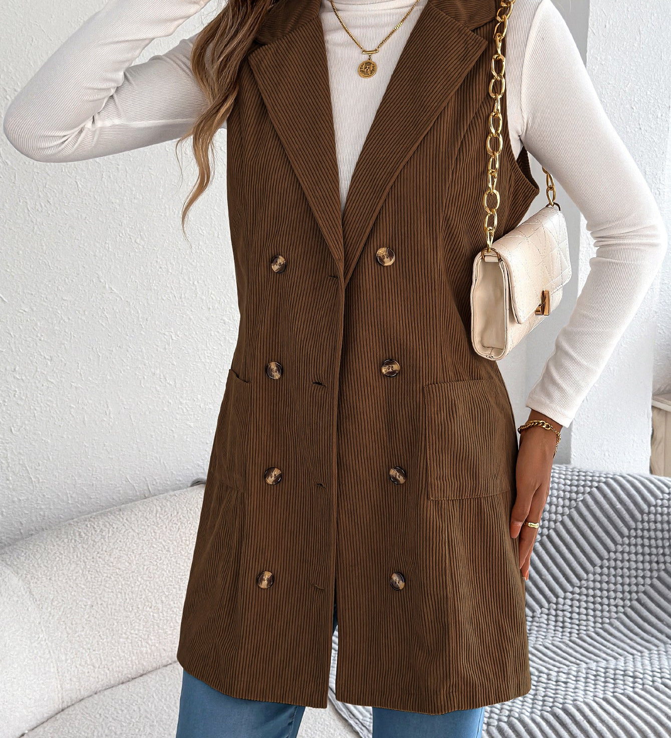 Women's Long Solid Colour Corduroy Gilet Jacket – Casual Double-Breasted Design with Pockets, Ideal for Layered Looks