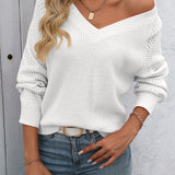 Elegant and Comfortable V-neck Sweater for Women – Knitted with Openwork Sleeves
