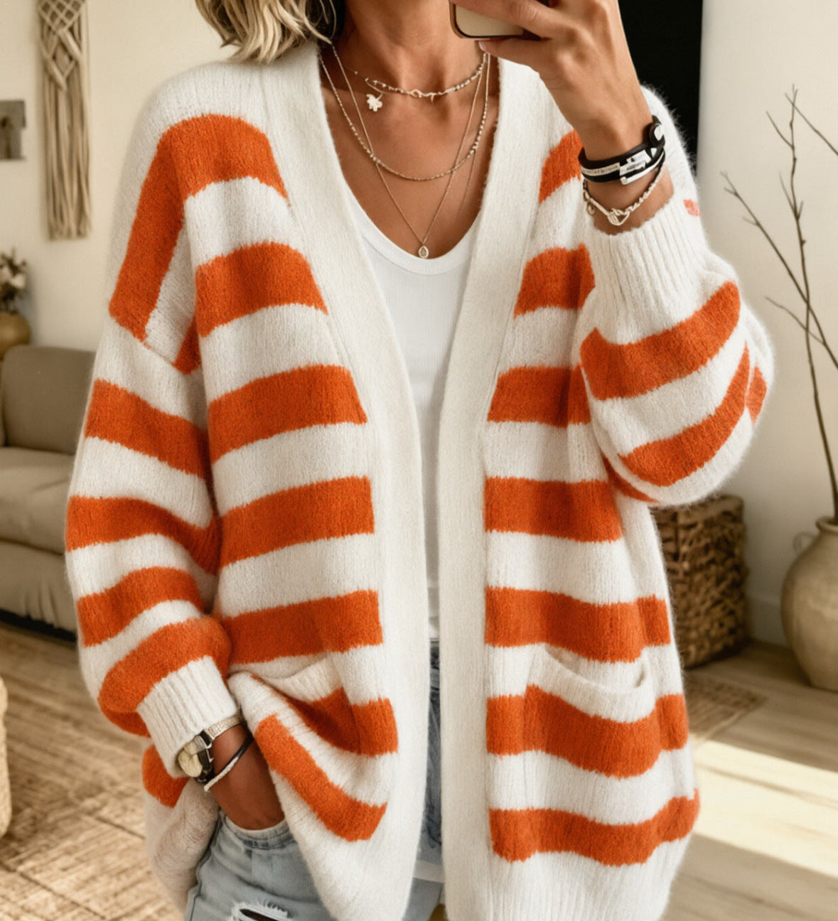 Women's Striped Cardigan with Pockets - Comfortable and Practical