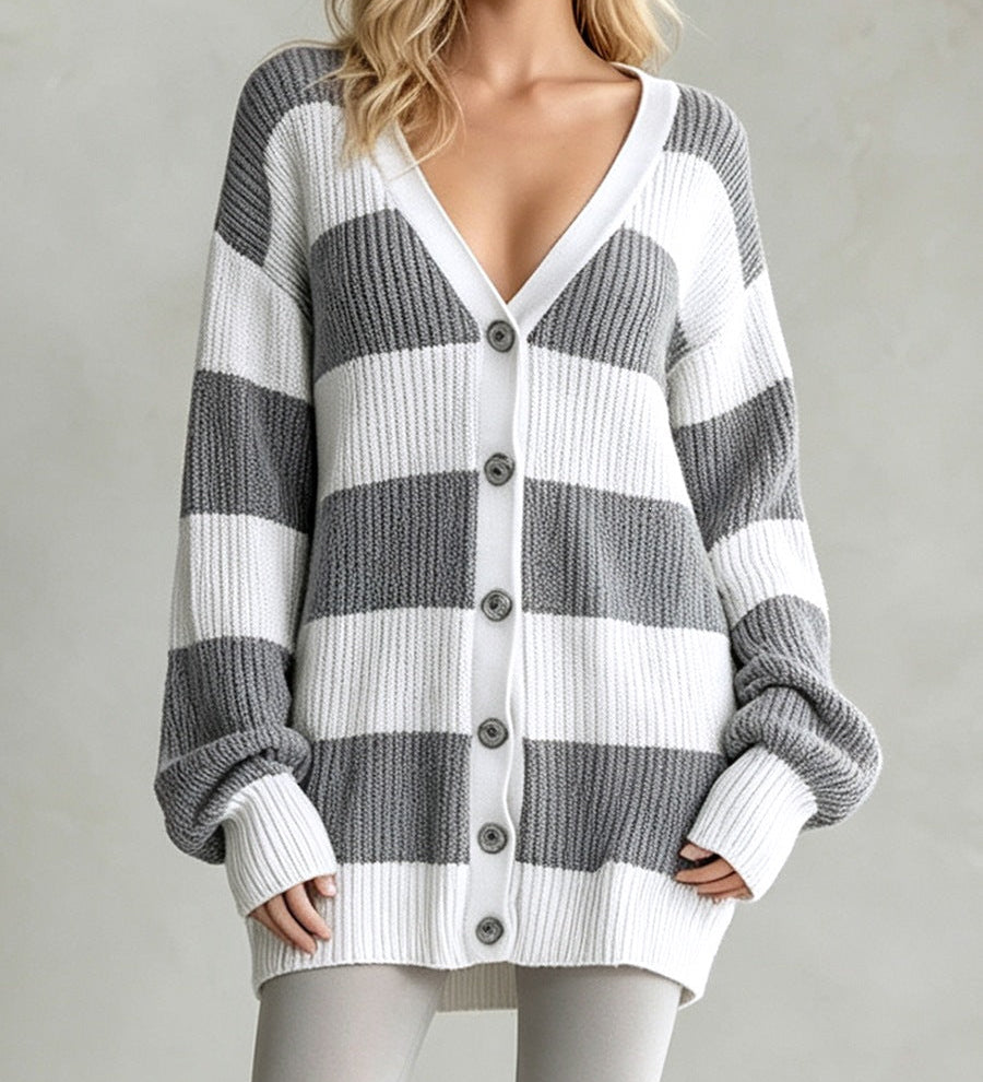 Women's striped knitted cardigan coat - Soft and comfortable