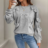 Soft Women's Sweater with Sewn Knot – Casual Grey Round Neck Sweatshirt