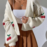 Women's Cherry Embroidered Knitted Cardigan - Casual Long Sleeve