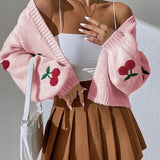 Women's Cherry Embroidered Knitted Cardigan - Casual Long Sleeve