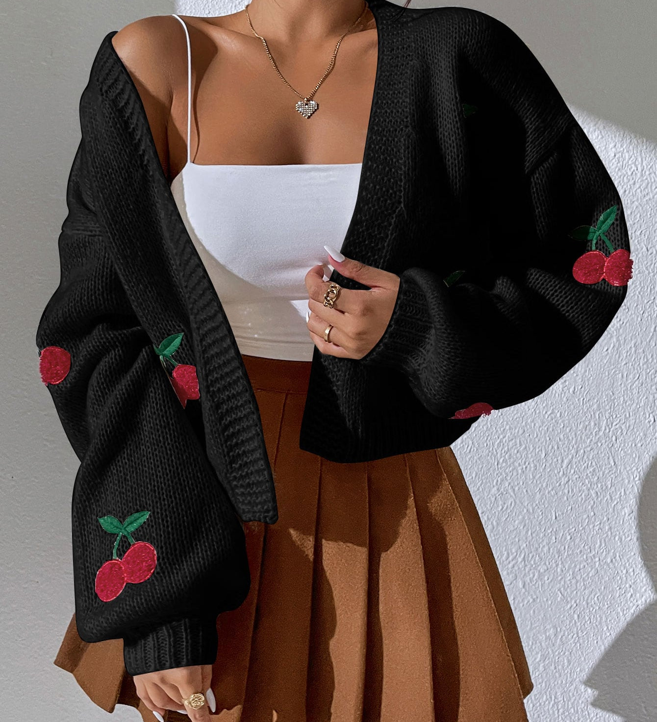 Knitted Cardigan for Women with Cherry Embroidery – Long Sleeves Casual
