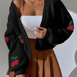 Knitted Cardigan for Women with Cherry Embroidery – Long Sleeves Casual