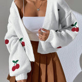 Knitted Cardigan for Women with Cherry Embroidery – Long Sleeves Casual