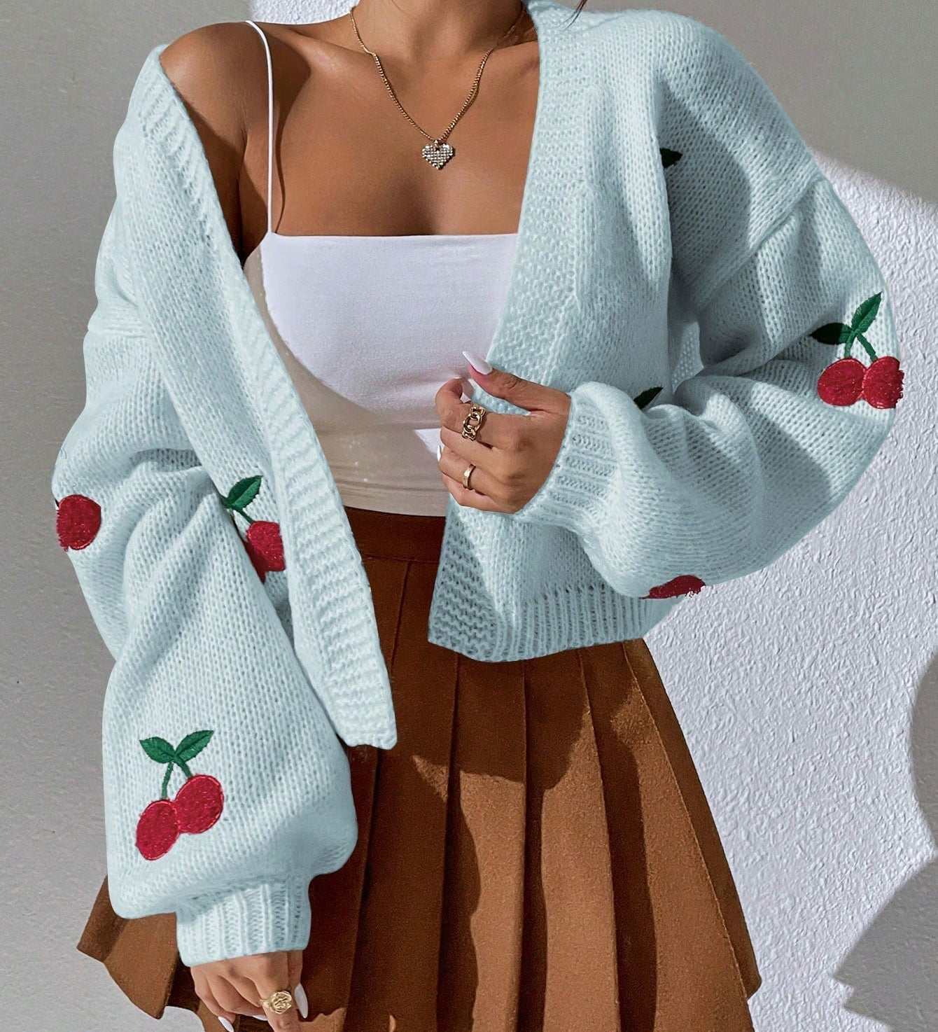 Women's Cherry Embroidered Knitted Cardigan - Casual Long Sleeve