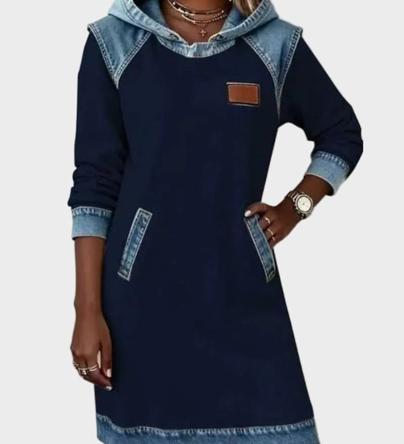 Irena - Hooded Sweat Dress with Denim Effect