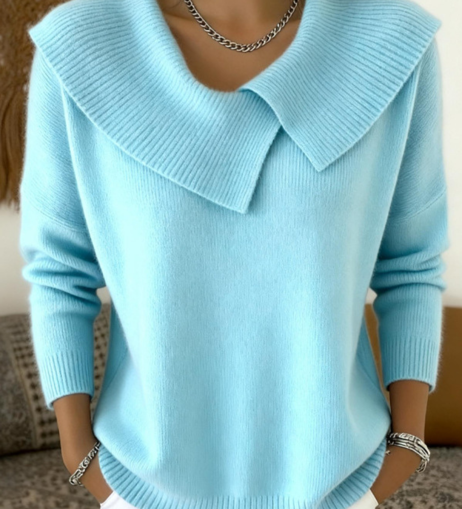 Ribbed Collar Knitted Sweater for Women – Elegant Long Sleeve Sweater