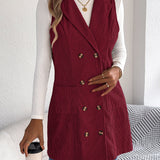 Women's Long Solid Colour Corduroy Gilet Jacket – Casual Double-Breasted Design with Pockets, Ideal for Layered Looks