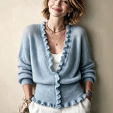 Women's V-neck cardigan with ruffled hem - Soft and feminine