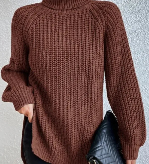 Turtleneck sweater for women with raglan sleeves and split hem