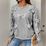 Soft Women's Sweater with Sewn Knot – Casual Grey Round Neck Sweatshirt