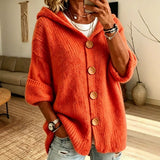 Women's Solid Colour Hooded Cardigan – Casual Long Sleeve Sweater with Buttons