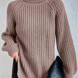Turtleneck sweater for women with raglan sleeves and split hem