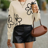 Elegant Women's Sweater with Flower Embroidery – Soft Knit with Round Neck