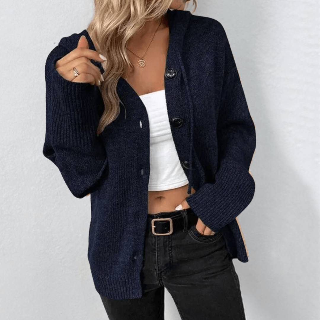 Women's Knitted Hooded Cardigan Gilet – Casual Button-Up Long Sleeve V-Neck