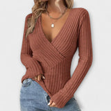 Women's V-Neck Twist Pullover – Ribbed Knit with Long Surplice Sleeves