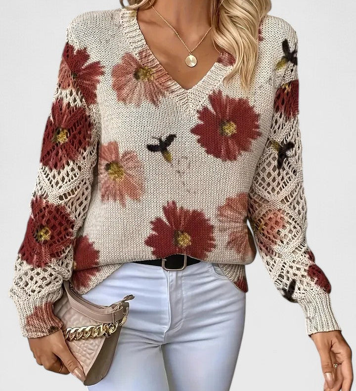 Women's V-Neck Sweater Knitted with Flowers – Modern Elegant Sweater