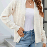 Women's solid-colour zip-up long-sleeve cardigan - Simple and comfortable