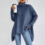 Irregular Turtleneck Sweater for Women – Loose Knitted Sweater with Long Sleeves