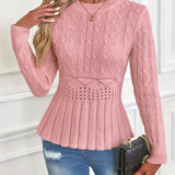 Elegant Ribbed Sweater with Peplum for Women – Thick Knit Round Neck