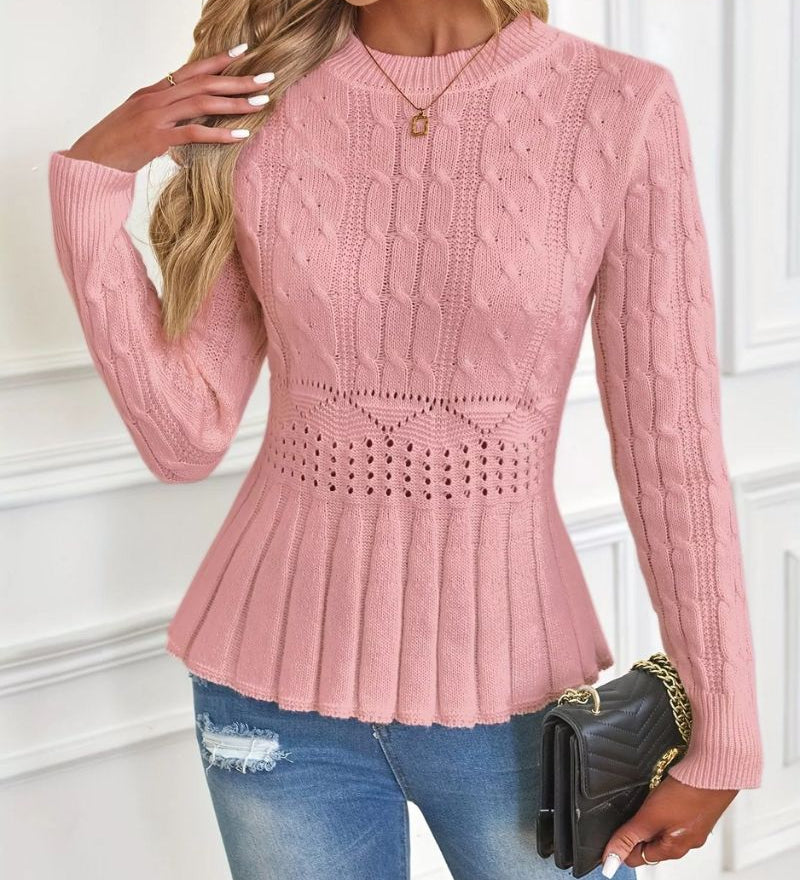 Elegant Ribbed Sweater with Peplum for Women – Thick Knit Round Neck