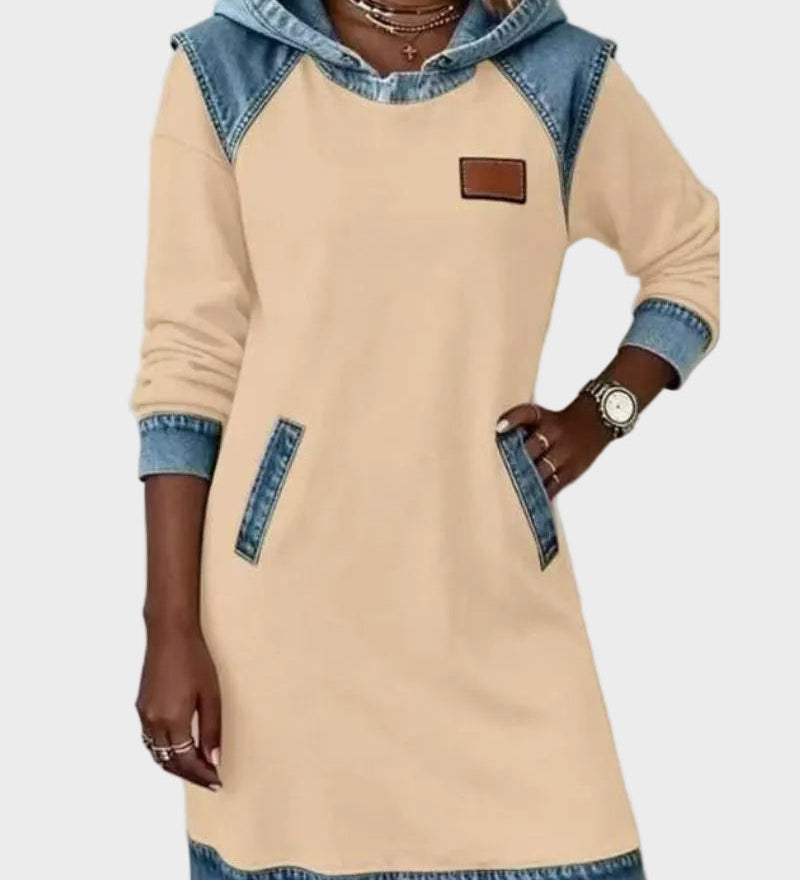 Irena - Hooded Sweat Dress with Denim Effect