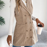 Women's Long Solid Colour Corduroy Gilet Jacket – Casual Double-Breasted Design with Pockets, Ideal for Layered Looks
