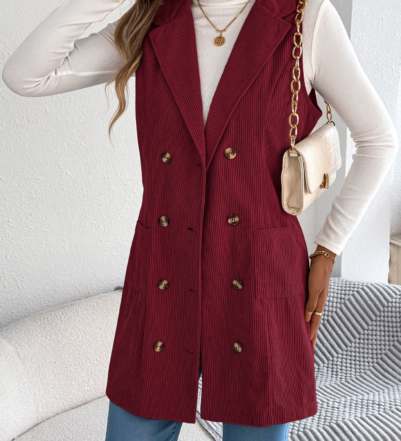 Women's Long Solid Colour Corduroy Gilet Jacket – Casual Double-Breasted Design with Pockets, Ideal for Layered Looks