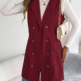 Women's Long Solid Colour Corduroy Gilet Jacket – Casual Double-Breasted Design with Pockets, Ideal for Layered Looks