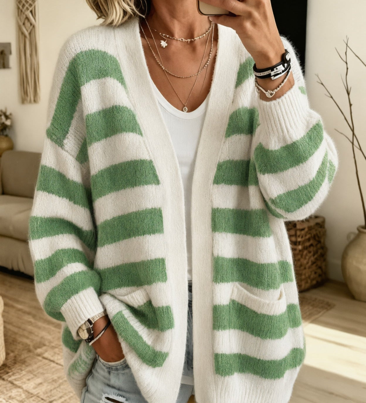 Women's Striped Cardigan with Pockets - Comfortable and Practical