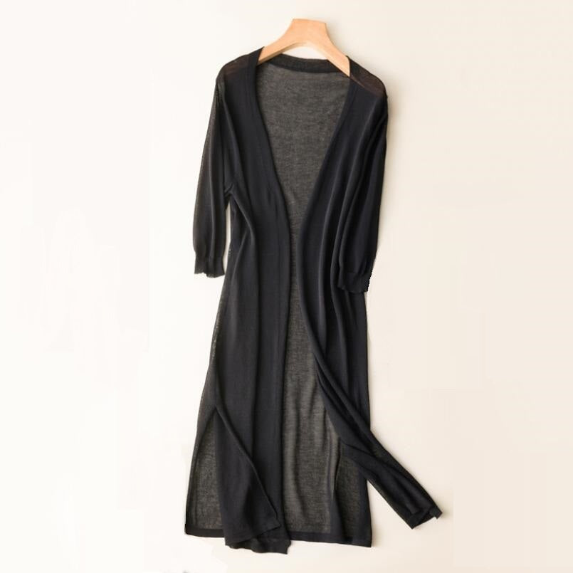 Lightweight Open Long Cardigan for Women with 3/4 Sleeves