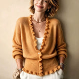 Women's V-neck cardigan with ruffled hem - Soft and feminine