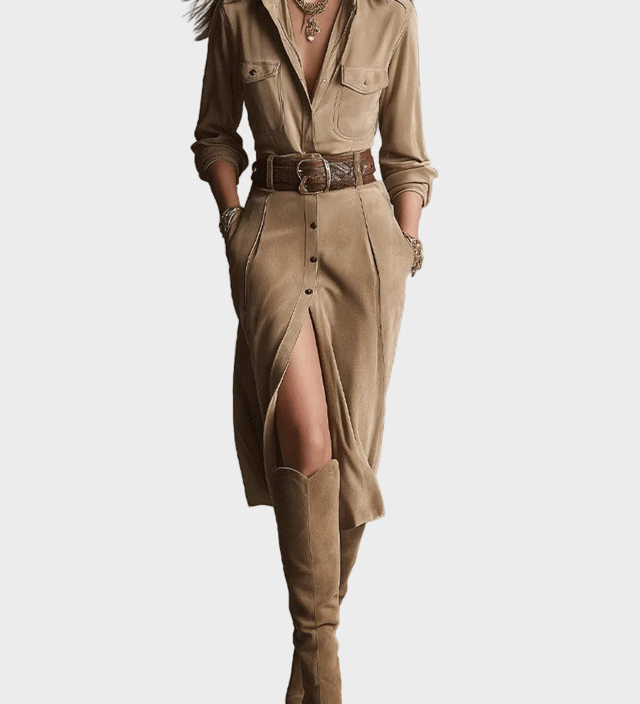 Trendy Brown Suede Midi Dress for Women