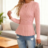 Elegant Ribbed Sweater with Peplum for Women – Thick Knit Round Neck