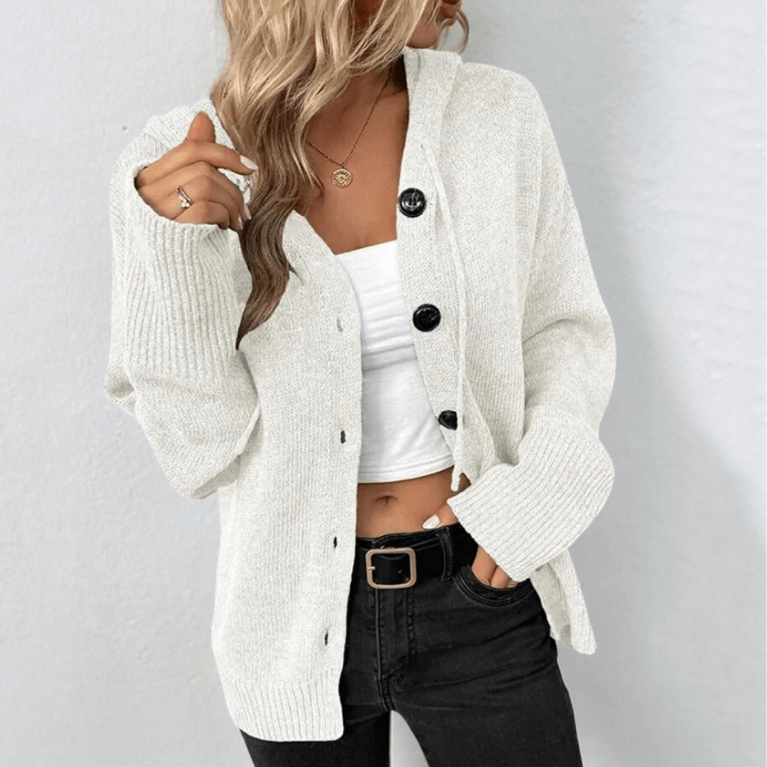 Women's Knitted Hooded Cardigan Gilet – Casual Button-Up Long Sleeve V-Neck