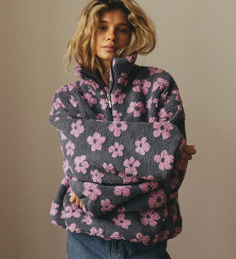 Fleece sweatshirt for women – Casual zip-up sweater with pocket
