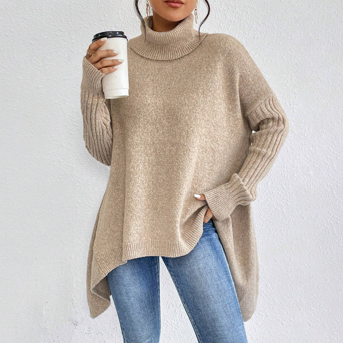 Irregular Turtleneck Sweater for Women – Loose Knitted Sweater with Long Sleeves