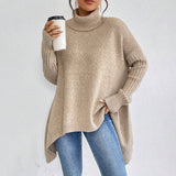 Irregular Turtleneck Sweater for Women – Loose Knitted Sweater with Long Sleeves