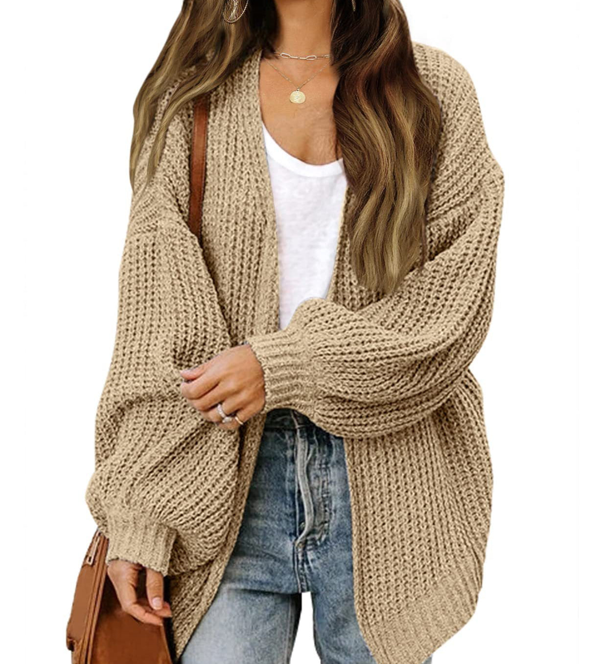 Women's Chunky Knit Cardigan – Oversized Wrap Style with Lantern Sleeves
