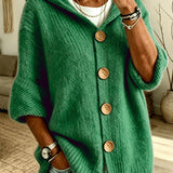 Women's Solid Colour Hooded Cardigan – Casual Long Sleeve Sweater with Buttons