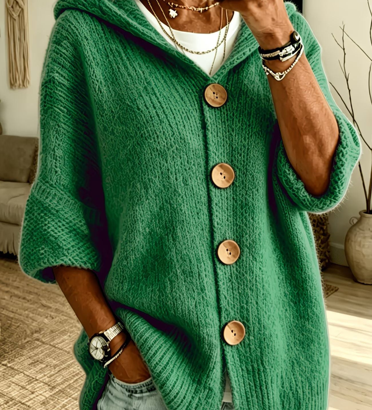 Women's Solid Hooded Cardigan – Casual Everyday Design in Long-Sleeved Knit with Buttons