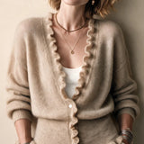 Women's cardigan with V-neck and frill hem - Soft and feminine