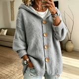 Women's Solid Colour Hooded Cardigan – Casual Long Sleeve Sweater with Buttons
