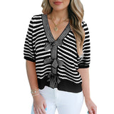 Soft and Original Short-Sleeve V-Neck Pullover with Bows